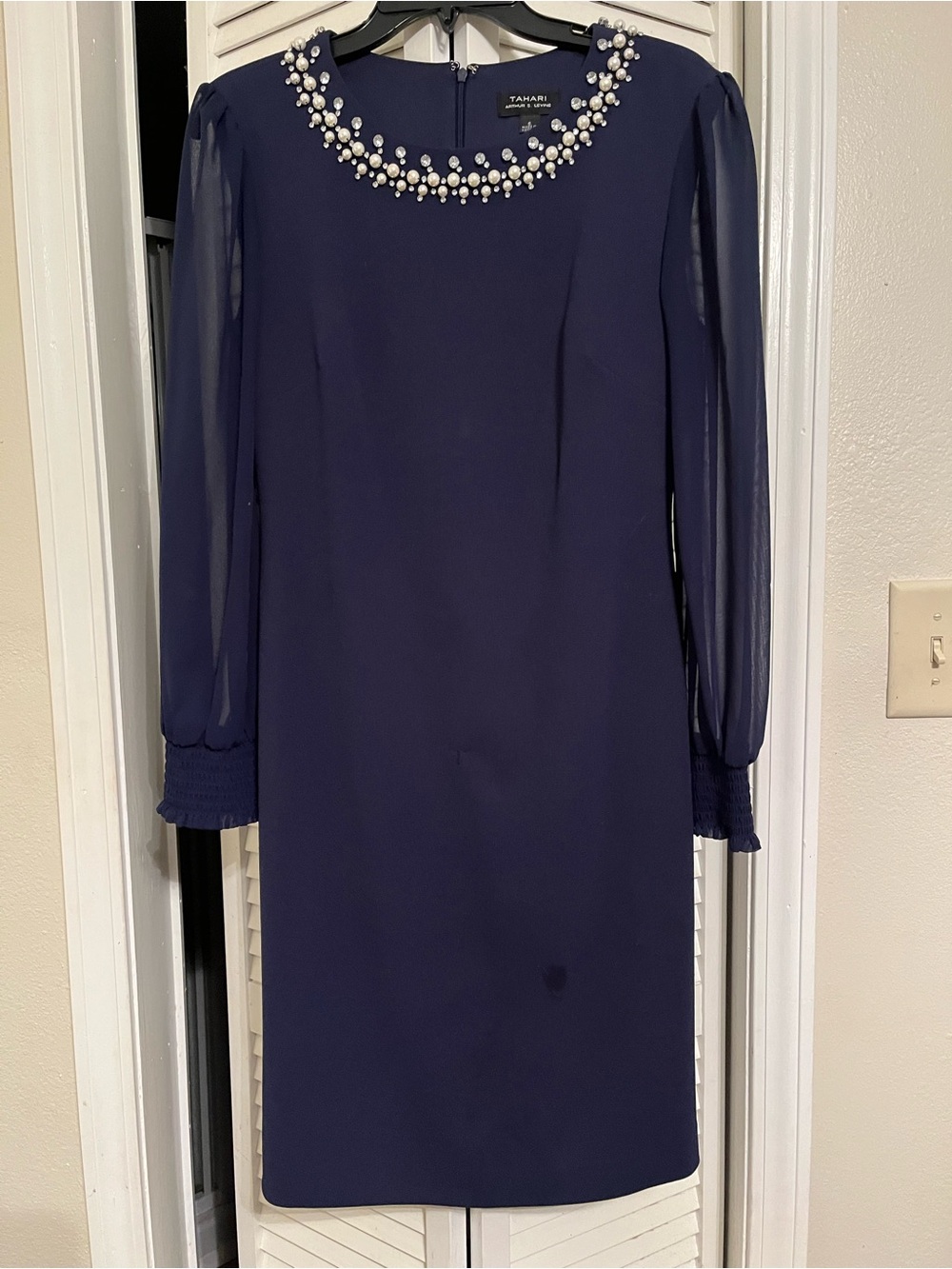 T Tahari Navy Pearl-Embellished Long Sleeve Dress